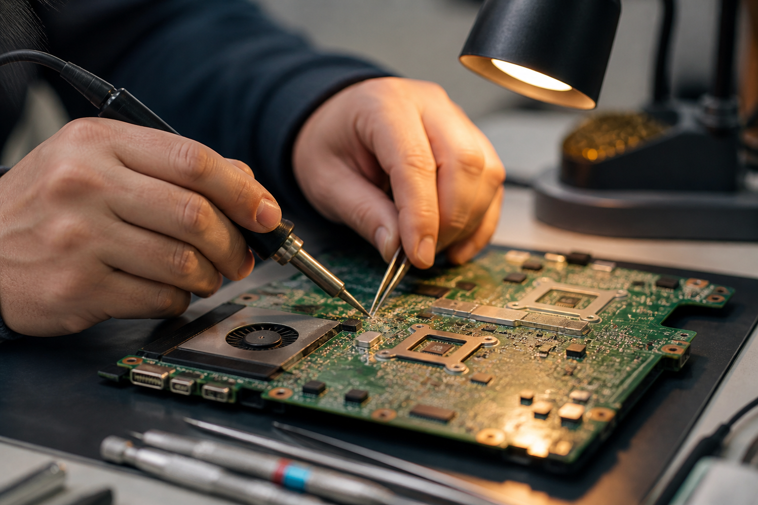 Chip level motherboard soldering at NeoTech Computers Repair Amritsar